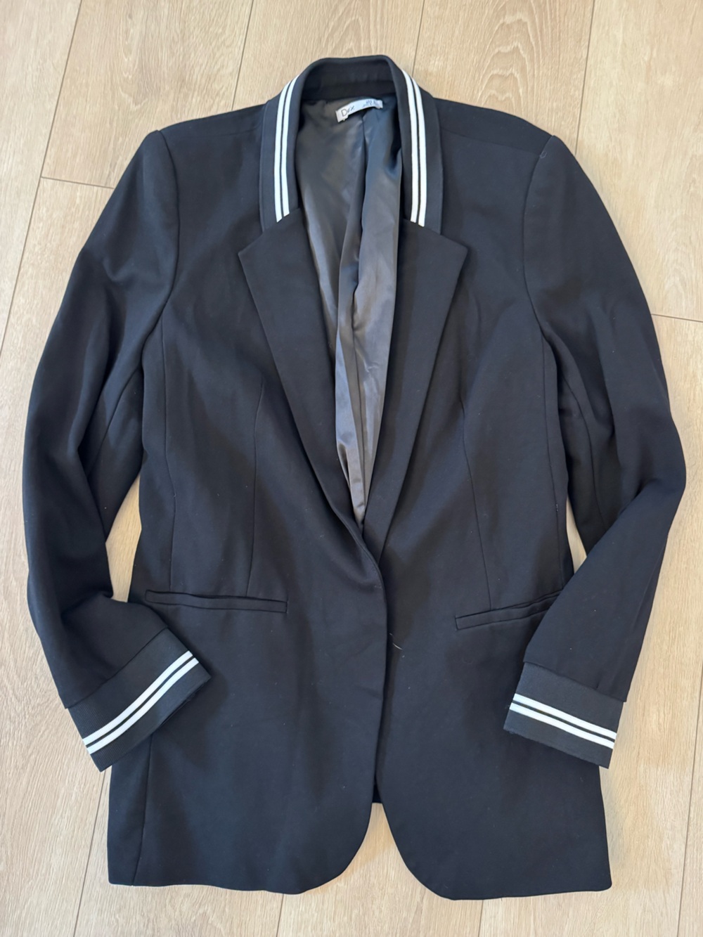 Dex Black Bomber-Style Blazer with Contrast Stripe Cuffs